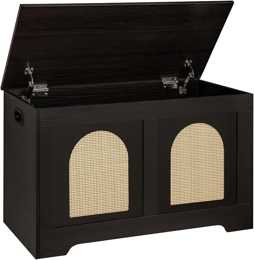 DINZI LVJ Storage Chest, 31.5" Rattan-Like Toy Box with 2 Safety Hinges, Wooden Entryway Storage Bench with Flip-Top, Storage Trunk for Living Room, Bedroom, Easy Assembly, Espresso and Natural