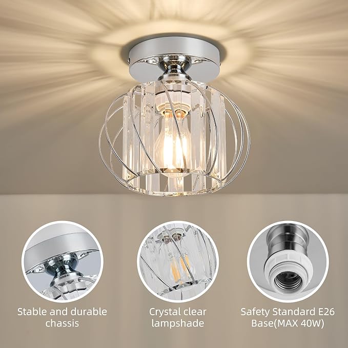 Semi Flush Mount Crystal Ceiling Light, Metal Cage Hallway Ceiling Lamps, Farmhouse Ceiling Light Fixture, Industrial Crystal Chandelier for Corridor Bathroom Kitchen (1, Chrome, 7.5 Inch)