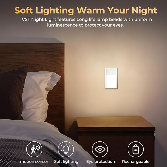 VST Motion Sensor Step Night Light, Rechargeable Battery Powered Led Light with Magnetic Suck Installation for Bedroom Hallway Stair Nursery Kids Room (2.68 inch 3000K 6Pack Silver)
