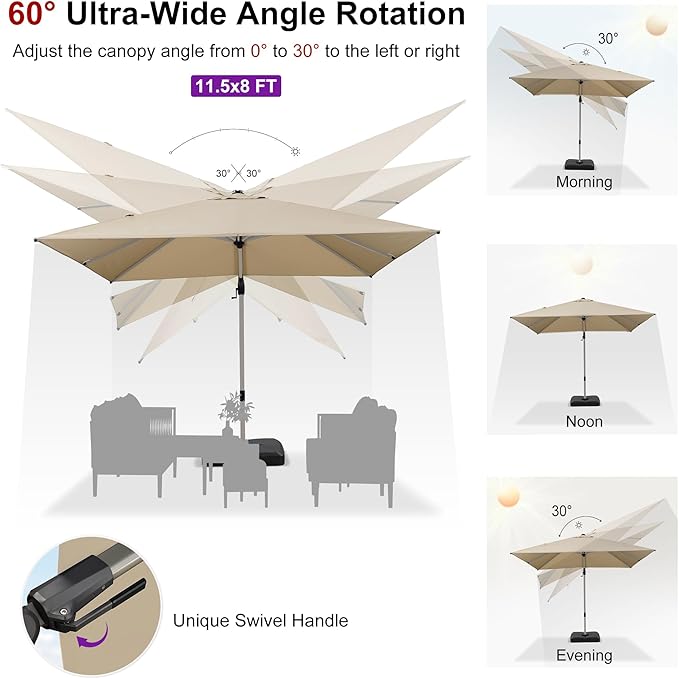 PURPLE LEAF 11.5' X 8' Left-right Tilting Patio Umbrella with Base Outdoor Swivel Cantilever Offset Aluminum Umbrella with Champagne Frame and 360-degree Rotation for Garden Deck Pool, Beige