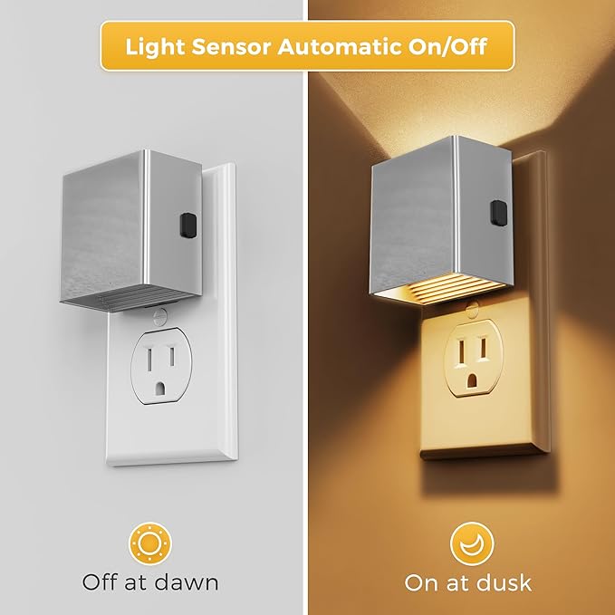 L LOHAS LED Night Light,Night Lights Plug into Wall,[2-Pack] Dimmable Night Light with Light Sensor,3000K Warm White,Silver Nightlight for Bathroom Hallway Kitchen