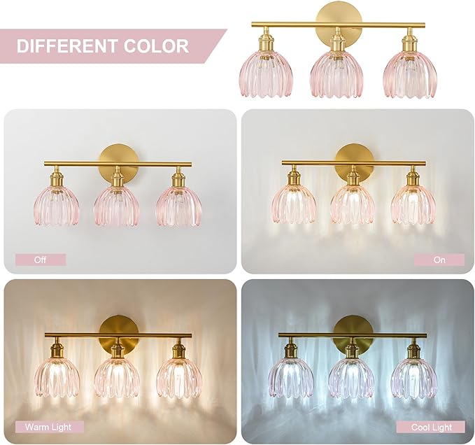 Gold Bathroom Light Fixtures Over Mirror, 3 Light Bathroom Vanity Light Fixture with Tulip Pink Glass Lampshade, Vintage Vanity Lights for Bathroom, Bathroom Vanity Lights Over Mirror