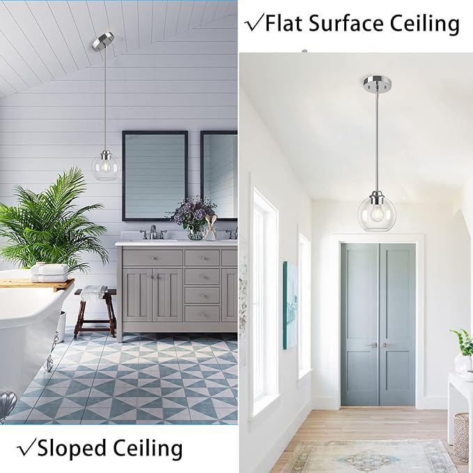 Modern Pendant Light Fixtures 2 Pack, Chrome Globe Pendant Lights with Clear Glass Shade, Pendant Lights for Kitchen Island, Hanging Lights Over Island