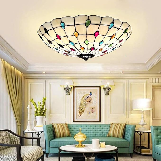 Tiffany Flush Mounts Ceiling Lights,Peacock Blue Crystal Beads Stained Glass Lampshade Ceiling Lamp for Kitchen Dining Room Livingroom Bedroom Ceiling Chandeliers Pendant Light,Multicolor,21in
