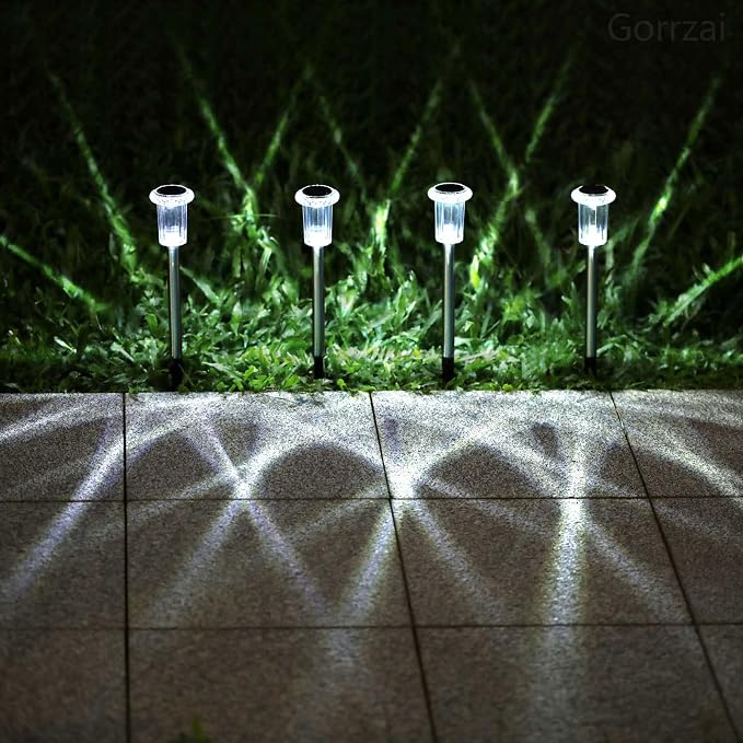 Solar Pathway Lights 10 Pack Solar Lights Outdoor Waterproof 6000K Cold White Yard Lighting, LED Stainless Steel Stake for Garden Outside Landscape Lawn Driveway Walkway Path