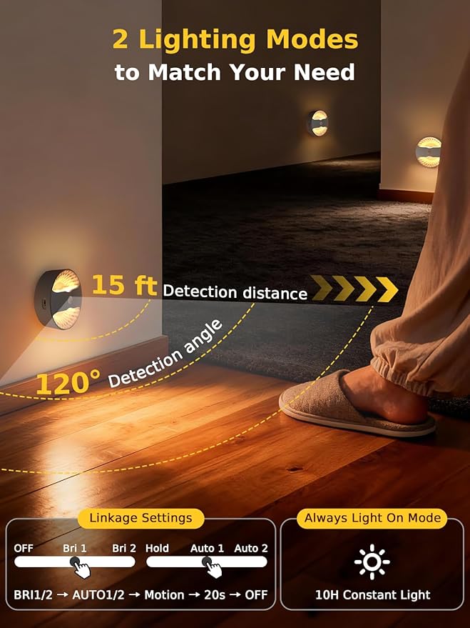 Smiling Shark BR168 Linkage Motion Sensor Night Light LED Smart Linked PIR & Light Sensing, Rechargeable Magnetic Stick-On Connected Smart Warm Night Step Lights for Bedroom Hallway Stairs, 3 Pack