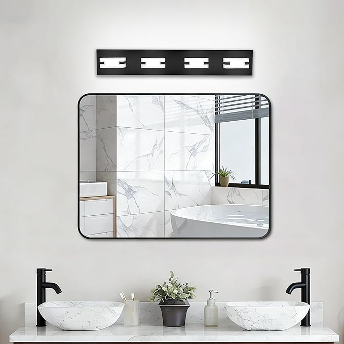 LED Bathroom Light Fixtures, 4-Light Modern Vanity Lights with Milky White Frosted Acrylic Shades, Matte Black Bathroom Lighting fixtures Over Mirror, ETL Listed, 27W (Cool White 5700K)