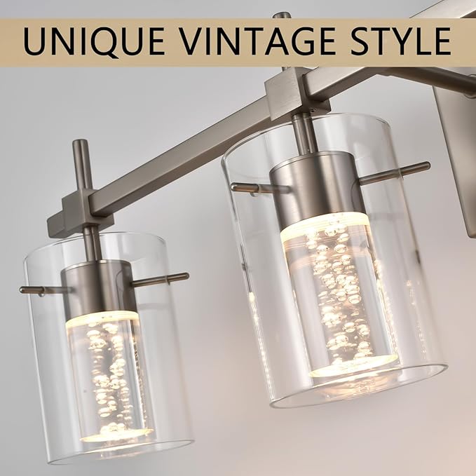 Bathroom Light Fixtures 4-Light, Brushed Nickel Vanity Light Over Mirror Dimmable 3 Color (3000K/4000K/6000K), Eye Protection LED Bathroom Lights Wall lamp Over Mirror with Clear Glass Shade