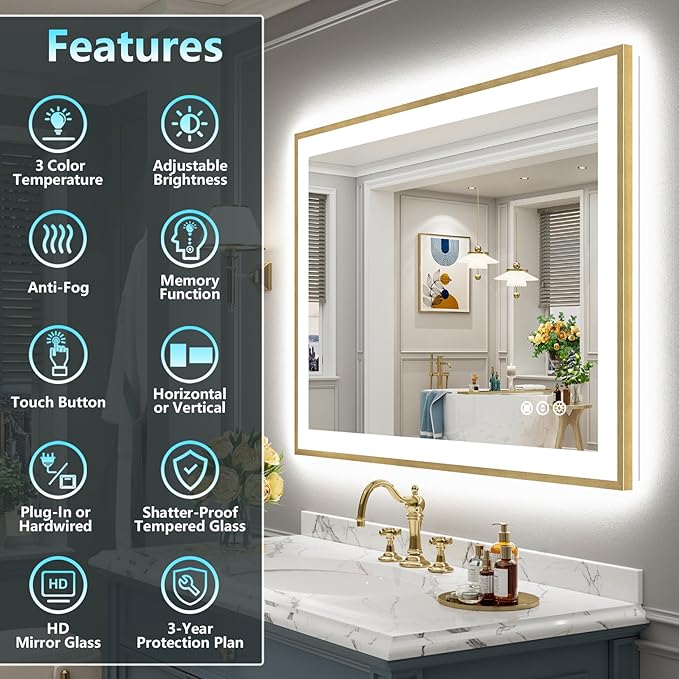 44x30 Gold LED Bathroom Mirror with Lights, Brushed Gold Framed Backlit and Front Lit Anti-Fog Lighted Vanity Mirrors for Bathroom Wall, Dimmable, 3 Colors, Memory, HD Tempered Glass, CRI＞90