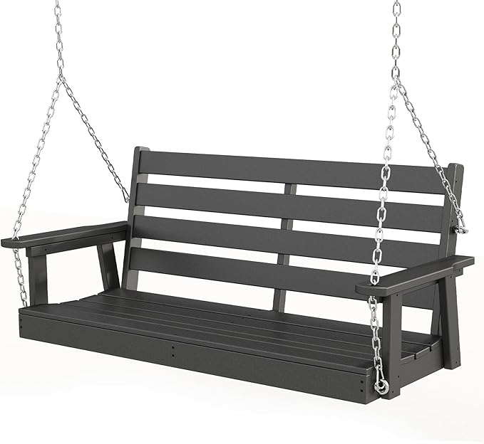 GREENVINES Porch Swing | 51’’ | HDPE Plastic | for Outdoor Patio | All Weather | Waterproof Bench Swings | w/ 4 Stainless Steel Chains | Black