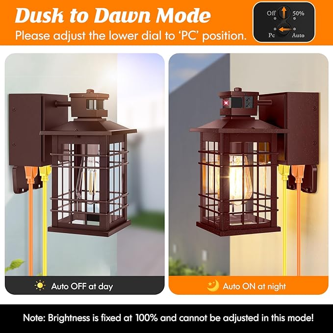 Porch Light with GFCI Outlets, Brown Motion Sensor Dusk to Dawn Outdoor Wall Light Fixture, Waterproof Outside Wall Lantern Sconce 3 Lighting Modes, Exterior Wall Light for Patio Garage Front Door