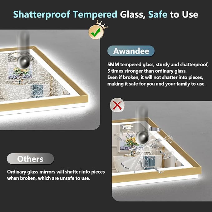 44x30 Gold Beveled LED Bathroom Mirror with Lights, Brushed Gold Framed Backlit and Front Lit Anti-Fog Lighted Vanity Mirrors for Bathroom Wall, Dimmable, 3 Colors, Memory, HD Tempered Glass