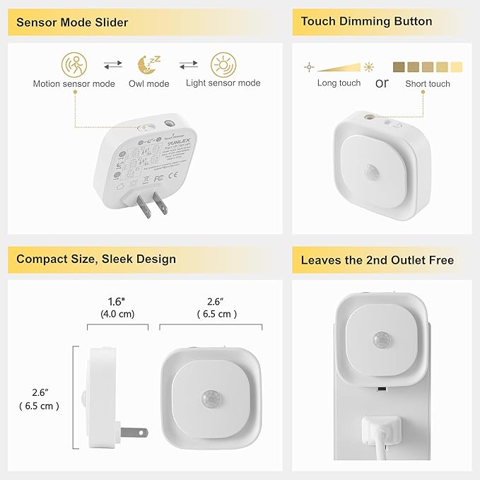 YUNLEX 2 Pack Plug in Night Light with Motion Sensor & Dusk to Dawn Sensor, 3 Sensor Modes, Purple Lights Plug into Wall, Dimmable Calming Glow for Meditation, Relaxation, Bathroom, as Mother Gifts