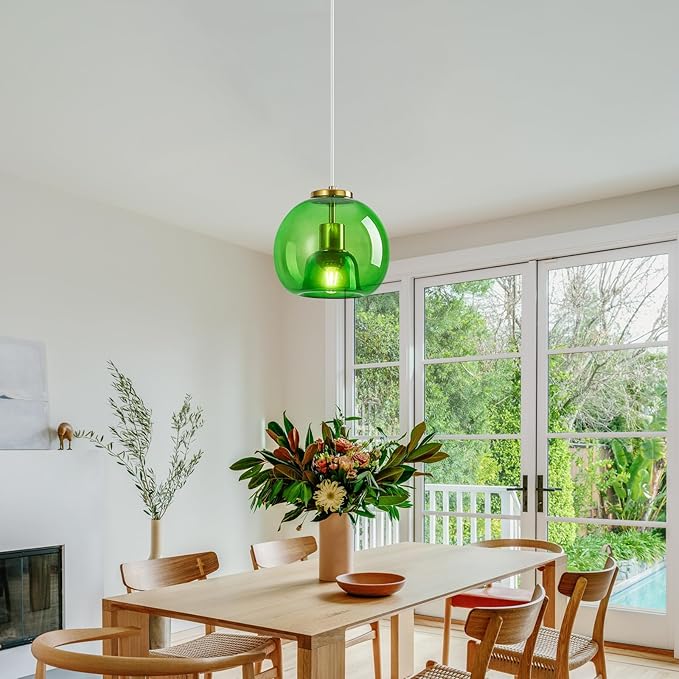 Green Glass Pendant Lights Kitchen Island Gold Hanging Light Fixture Glass Globe Pendant Light Modern Pendant Lighting for Kitchen Island Bedroom Dining Room (7.87", 2 Pack)