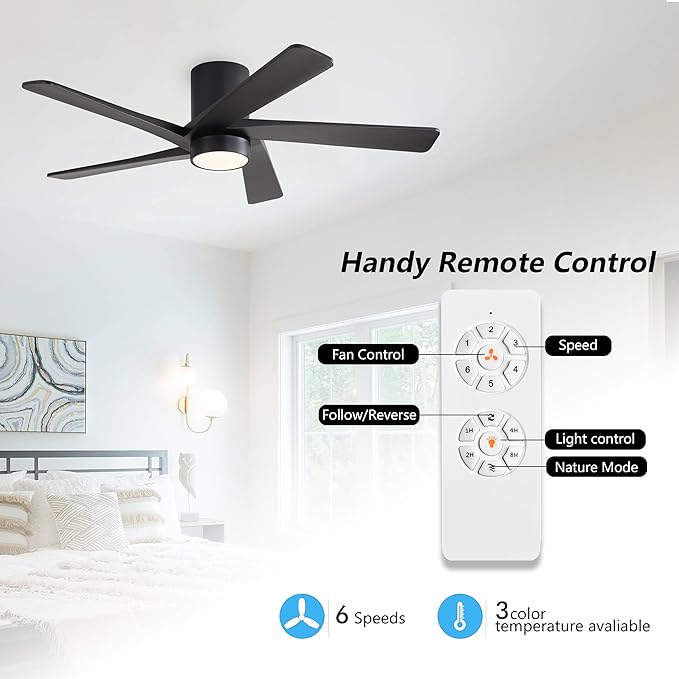 WINGBO 54 Inch Flush Mount DC Ceiling Fan with Lights and Remote, 5 Reversible Carved Wood Blades, 6-Speed Noiseless DC Motor, Hugger Ceiling Fan in Black Finish, Low Profile Ceiling Fans, ETL Listed