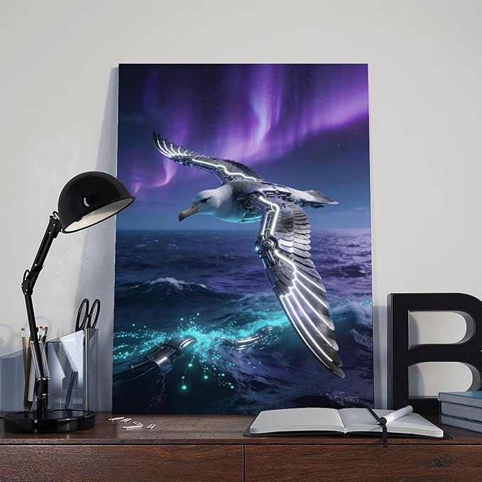 Framed Steampunk Mechanical Seagull Wall Art - Aurora Ocean Retro Poster for Bedroom Game Room Decor 20x30inch(50x75cm)