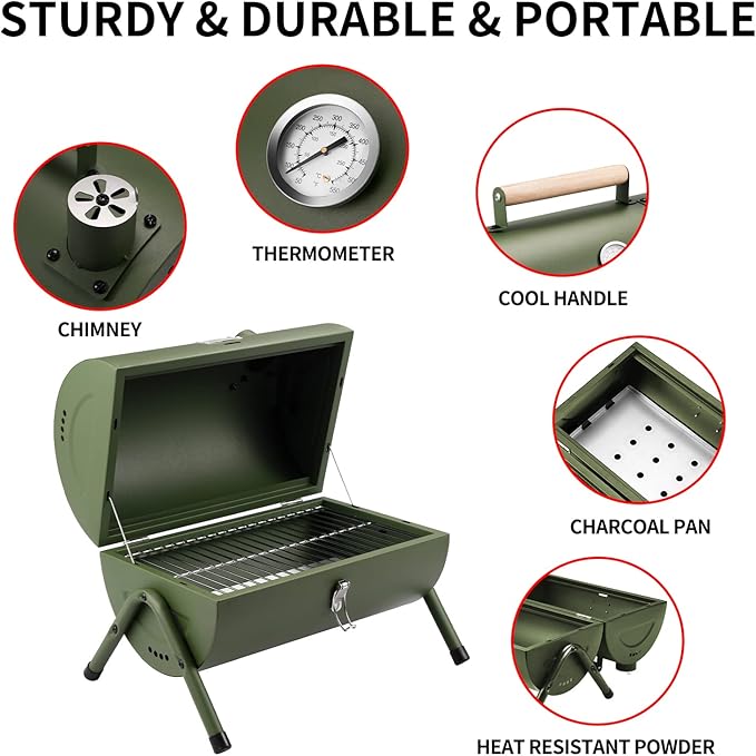Portable Charcoal Grill, Tabletop Outdoor Barbecue Smoker, Small BBQ Grill for Outdoor Cooking Backyard Camping Picnics Beach by DNKMOR GREEN