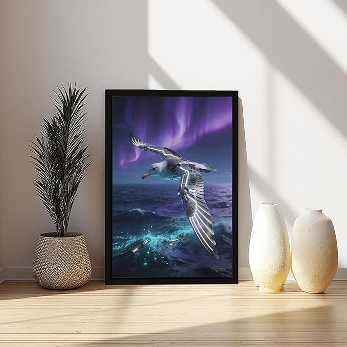 Framed Steampunk Mechanical Seagull Wall Art - Aurora Ocean Retro Poster for Bedroom Game Room Decor 12x18in