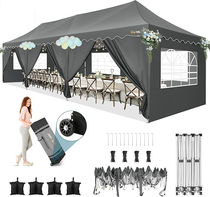 HOTEEL 10x30 Pop Up Canopy with 8 Sidewalls, Easy Setup Party Tent with Weight Bags, Wheeled Bag, Waterproof Event Shelter with Extra Roof Height for Backyard, Wedding (Green Gray)