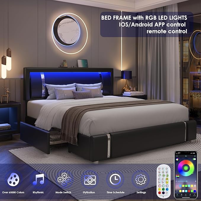 Full Size Bed Frame with RGB LED Lights Headboard & 2 Storage Drawers, Modern Upholstered Faux Leather Smart Platform Bed with Iron Metal Decor, USB & USB-C Charging Ports, No Box Spring Needed, Black