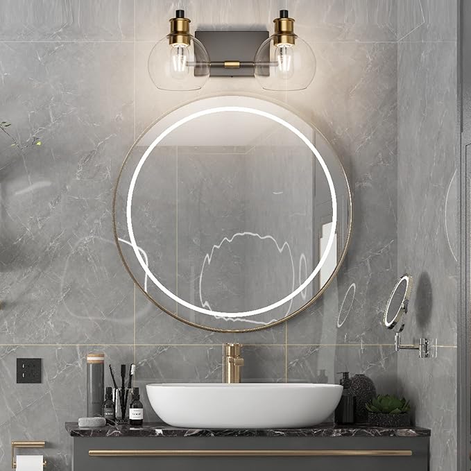 Tipace 2 Lights Vintage Bathroom Vanity Light Fixtures Over Mirror Black & Gold Industrial Vanity Lights with Globe Clear Glass Farmhouse Wall Sconces Fixture(Exclude Bulb)