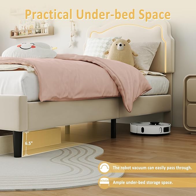 GarveeHome Twin Upholstered Smart LED Bed Frame with Headboard, Velvet Princess Platform Bed Frame for Kids, Wooden Slats Support, No Box Spring Needed (Beige)
