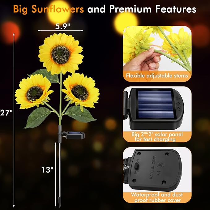 Meagoo Solar Sunflower Lights, 800mA Solar Garden Light with Real Looking Flowers Outdoor Waterproof Solar Stake Lights for Back Yard, Flower Bed, Pathway, Patio, Porch, Spring Decoration (2 Pack)