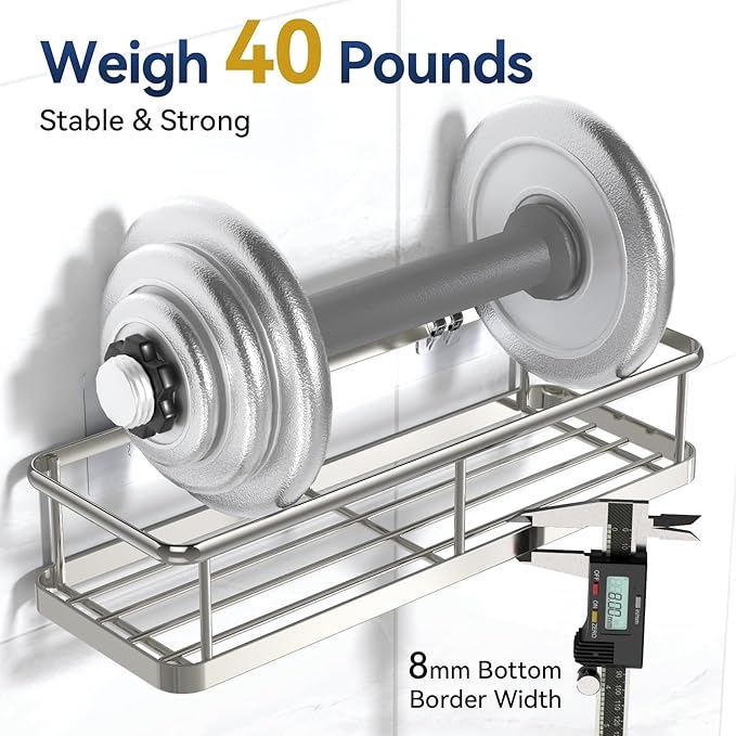 YASONIC Shower Caddy Adhesive, No Drill Bathroom Shower Organizers, with Removable Hooks, Rust Proof Shower Shelves, Wall-Mounted Shower Holder, 2 Pack Silver
