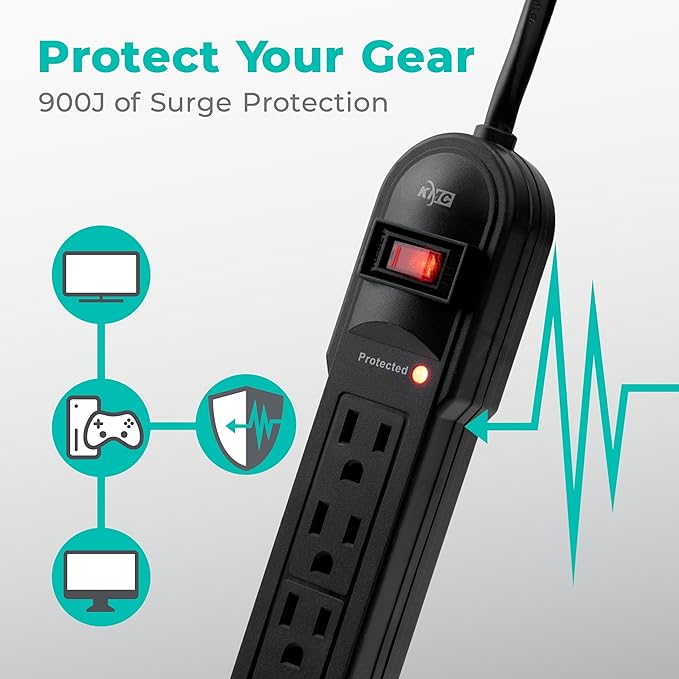 KMC 6-Outlet Surge Protector Power Strip 2-Pack, 900 Joules, 4-Foot Extension Cord, Overload Protection, Black