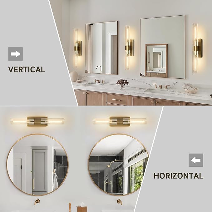 Brass Bathroom Vanity Wall Sconces, 2-Light Glass Tube Wall Sconces, 22.8” Horizontal or Vertical Linear Wall Sconces, Gold Vanity Light, Indoor Wall Sconces, E26 Bulb Included