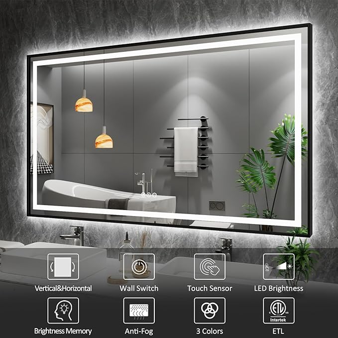 Amorho LED Bathroom Mirror Black Framed 72"X36", Front Light and Backlit, Stepless Dimmable, Anti-Fog, Shatter-Proof, Memory, 3 Colors, Double LED Vanity Mirror