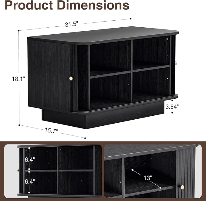 Fluted Shoe Storage Bench, 31" W Small Entryway Bench with Sliding Door, Mud Room Benches with Seat, Upholstered Wooden Rack Organization for Living Room, Apartment, Dorm, Black