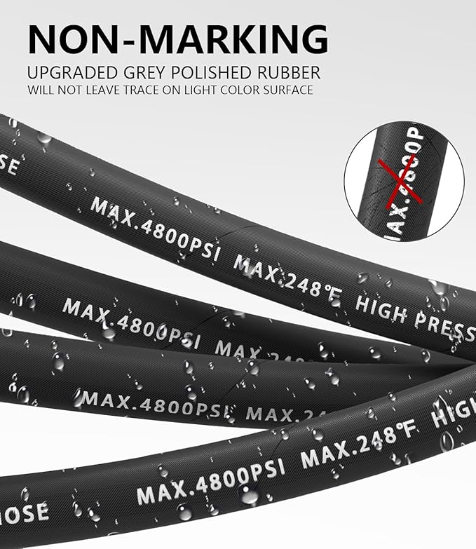 3/8" Pressure Washer Hose 150FT 4800 PSI, Kink Resistant Steel Braided Layer & NonMarking Rubber for Hot/Cold Water, High Power Washer Hose With 3/8 Inch Quick Connect & M22 Fitting, Black