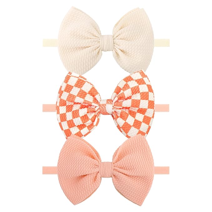 YanJie 3PCS 4.5’’ Checkered Bows for Baby Girls Headbands Orange Headband Beige Hair Accessories for Girls Newborn Girl Clothes Baby Girl Outfits