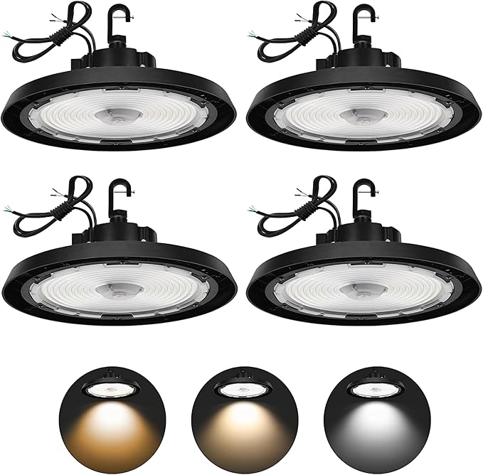 RMC 4 Pack UFO LED High Bay Light 150W 24000LM, 3 CCT Switchable (3500K/4000K/5000K), 0-10V Dimmable, 120-277V, ETL Listed, Commercial LED Shop Lights for Warehouse, Workshop, Barn, Factory