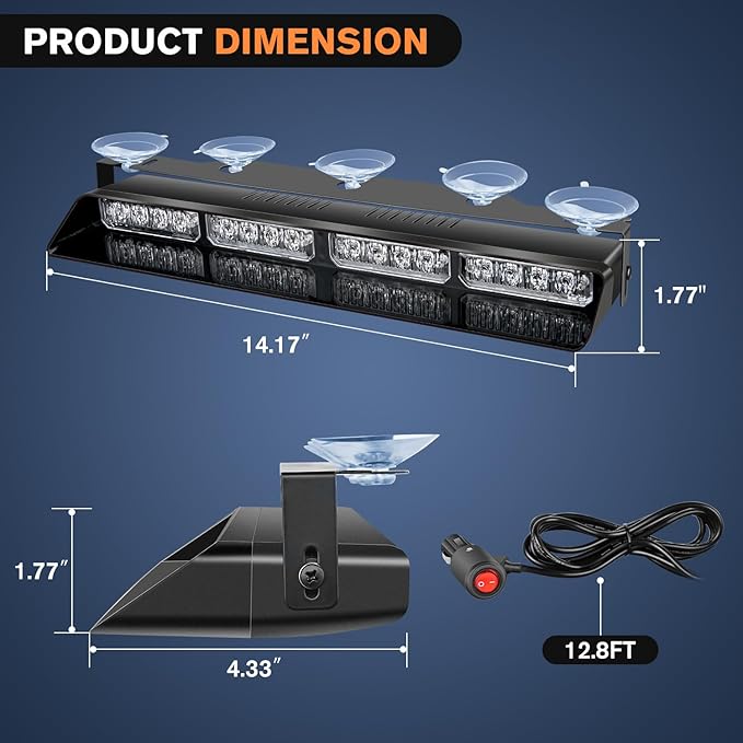 Nilight 32LED Red Blue Emergency Dash Strobe Lights with Controller Suction Cups Warning Hazard Interior Front/Rear Windshield Deck Split Light Bar for Trucks Construction Vehicles