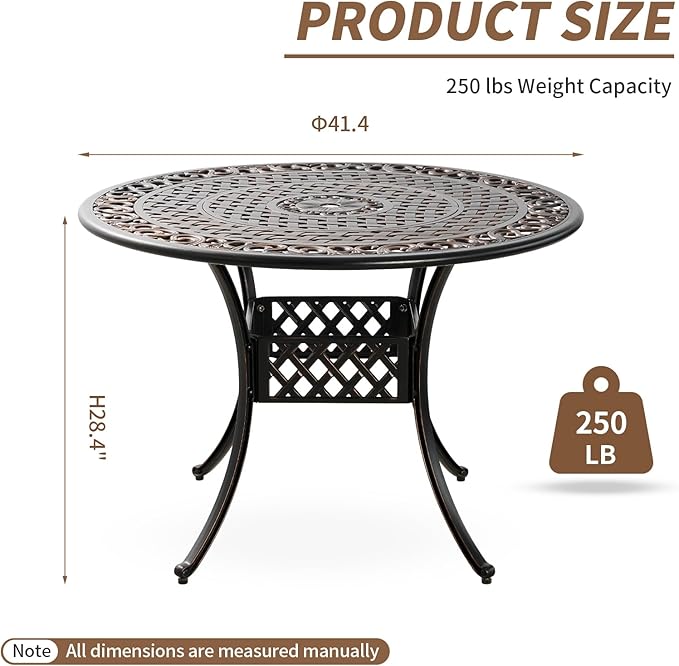 42" Round Cast Aluminum Patio Table with 4-6 Person,Outdoor Patio Dining Table with 1.7" Umbrella Hole,Metal Patio Table for Garden,Porch,Yard,Bronze