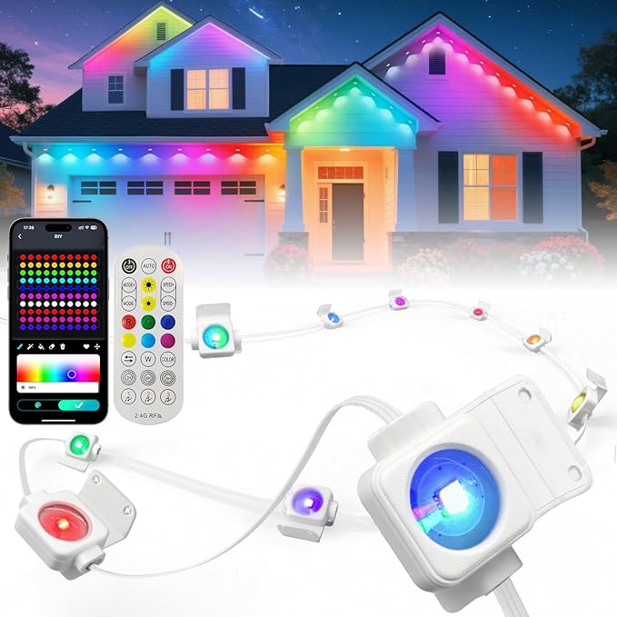 Smart Permanent Outdoor Lights, 50FT 30LEDs Color Changing RGB IC Wall Lights, APP & Remote Control, Music Sync, Dynamic Lighting for House, Living Room, Ceiling, Eave Party Xmas Decoration