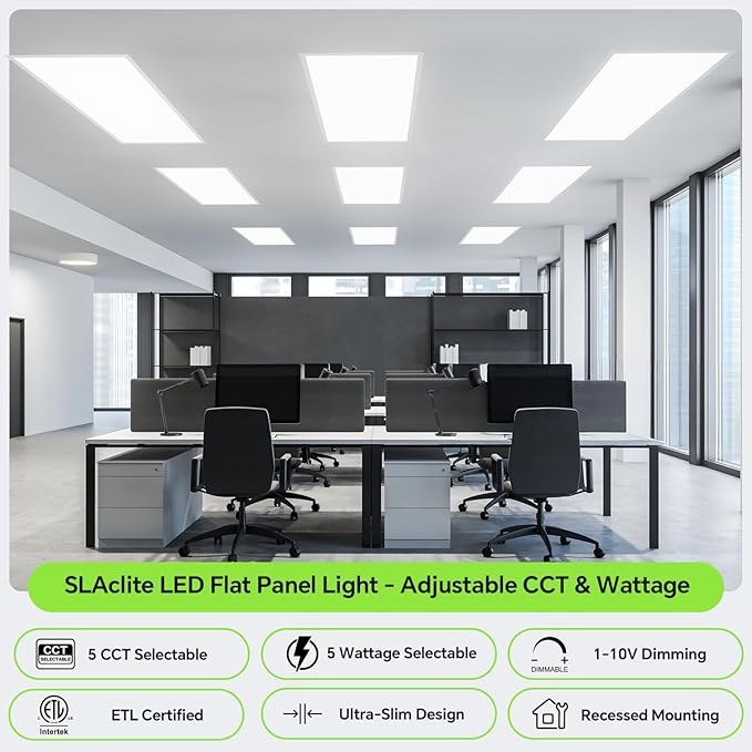2x4 LED Flat Panel Light 50/40/35/30/25W 6500lm Adjustable, 0-10V Dimmable LED Flush Mount Ceiling Light Fixtures, 2.7K/3K/3.5K/4K/5K Selectable for Office Kitchen Garage - ETL Listed
