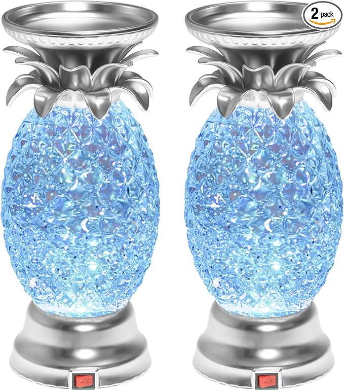 YAKii 9.5" Pineapple LED Color Changing Shine Lamp,Swirling Water Waves Lamp Kid Safe Battery/USB Cable Operated,Table Lamp Candle Holder Night Lights Decoration Matte Silver(Pack of 2)