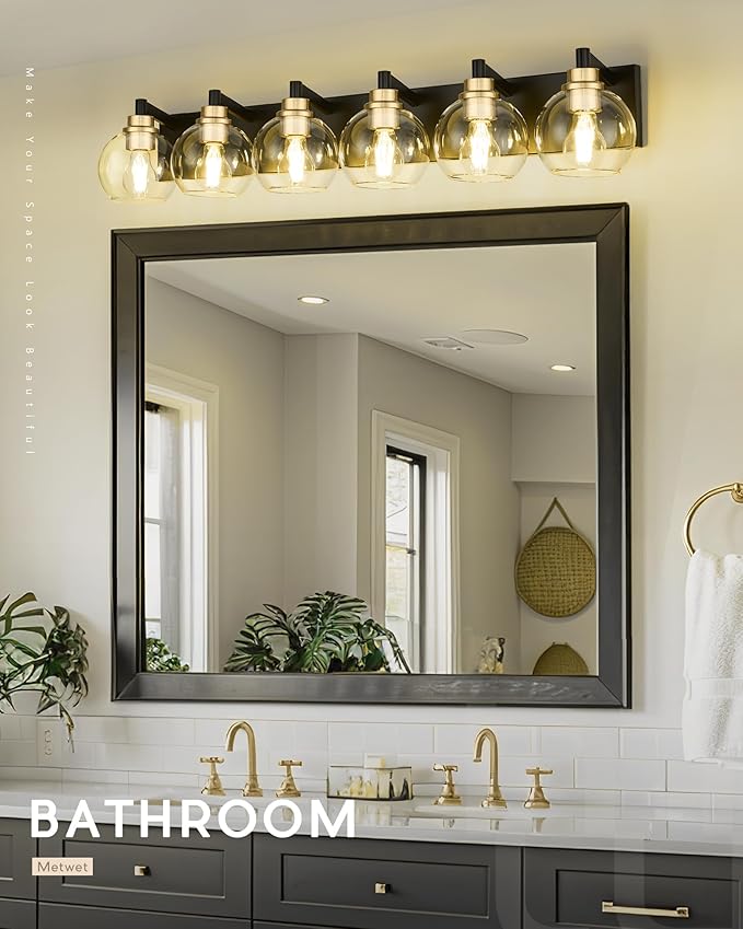 Bathroom Light Fixtures, 6-Light Black and Gold Bathroom Vanity Light, 38 Inch Modern Wall Sconces with Globe Clear Glass Shade, Vanity Lighting Fixtures Over Mirror, VL195-KG-6