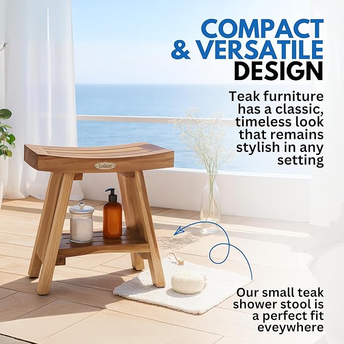 EcoDecors Teak Shower Bench with Shelf 18", 300 lb Capacity – Fully Assembled Waterproof Wood Spa Seating for Adults - Compact Fit for Small Bathrooms & Walk-in Showers - Slip-Resistant Feet