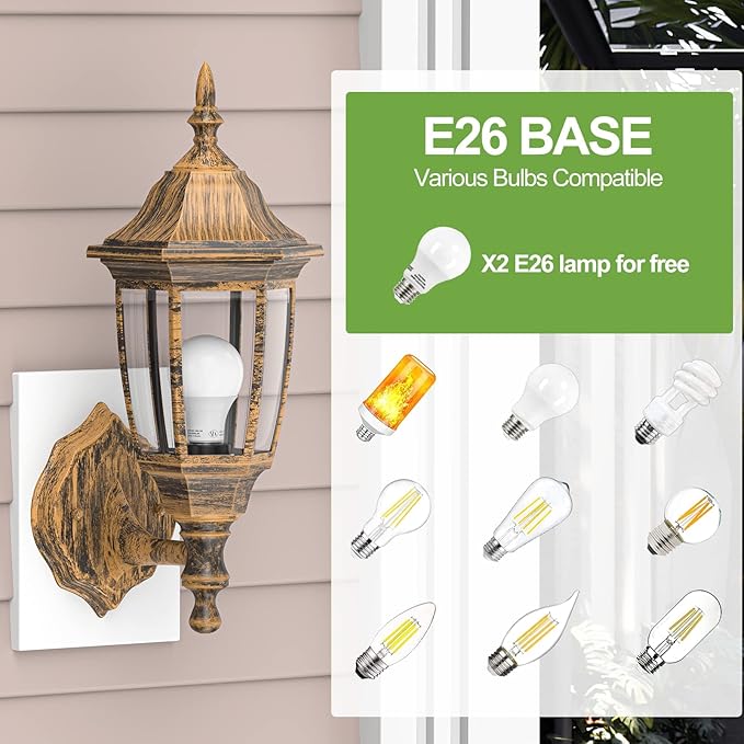 EMART Outdoor Porch Light, Brushed Gold, Anti-Corrosion Plastic Material, Wall Mount Lantern for Backyard, Garage, Front Porch - 2 Pack