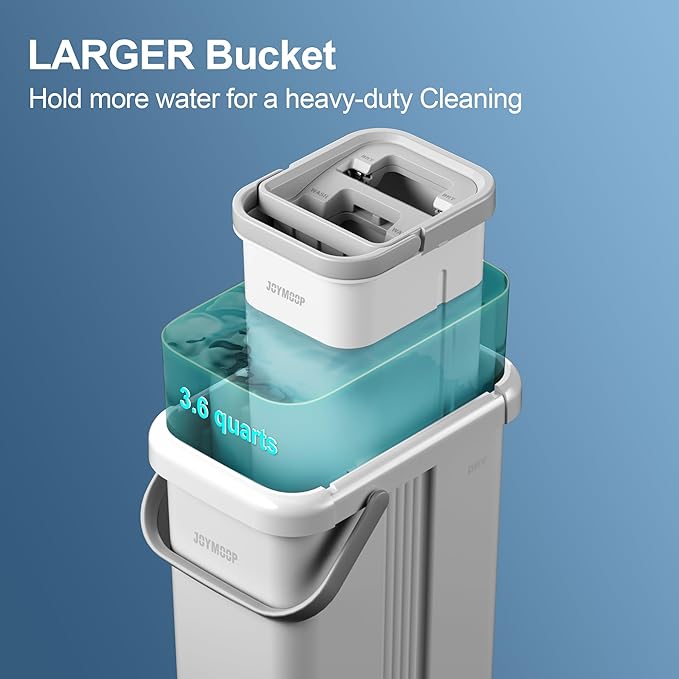 JOYMOOP Mop and Bucket with Wringer Set, Flat Squeeze Mop with Bucket (X-Large), Dust Mop for Wall Cleaner with Long Handle, Microfiber Mop - White Bucket with 5 Reusable 15" Pads