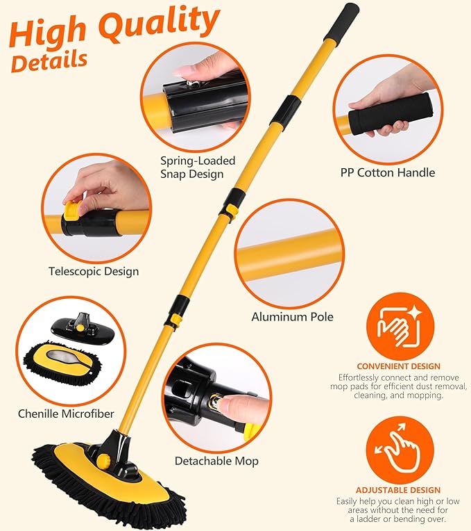 56.7" Car Wash Brush Mop Kit Microfiber Car Washing Sponge Mitt with Long Handle Car Cleaning Supplies Tools RV Washing Duster Exterior Scratch Free, Chenille Replacement Head Extension Pole