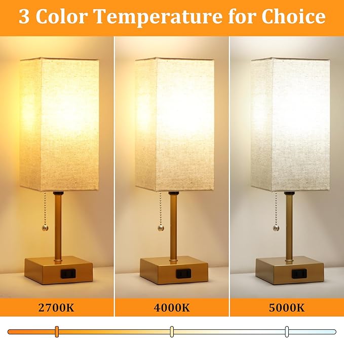 Table Lamp for Bedroom set of 2,3-Color Bedside Lamps with Pull Chain Table Lamps for Nightstand with AC Outlets,Small Night Light Lamps with 2 Bulbs Lamps for Living Room Kids Room Office Decor（Gold）