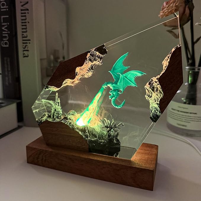 Epoxy Ice Dragon Resin Lamp, Handmade Resin Night Light with USB Port, Multi-Color LED Light, Ideal Home Bedroom Decor, Unique Birthday Holiday Gifts for Father Men Husband Boyfriend Him Kids (8"x5")