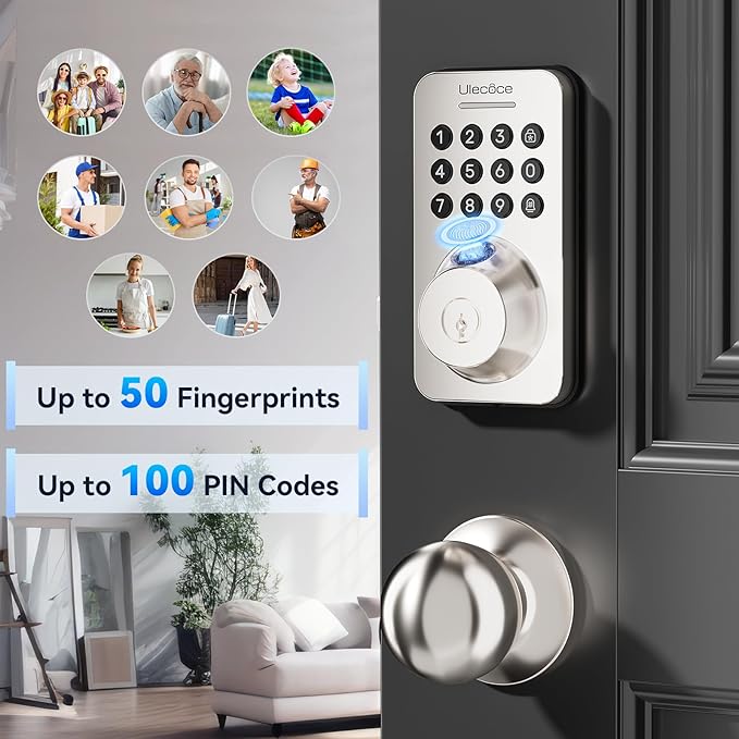 Ulecoce Fingerprint Keypad Deadbolt with Handle Set, Keyless Entry Door Lock, Door Locks for Front Door Lock Set, App Control, Auto Locking, Easy to Install, Satin Nickel