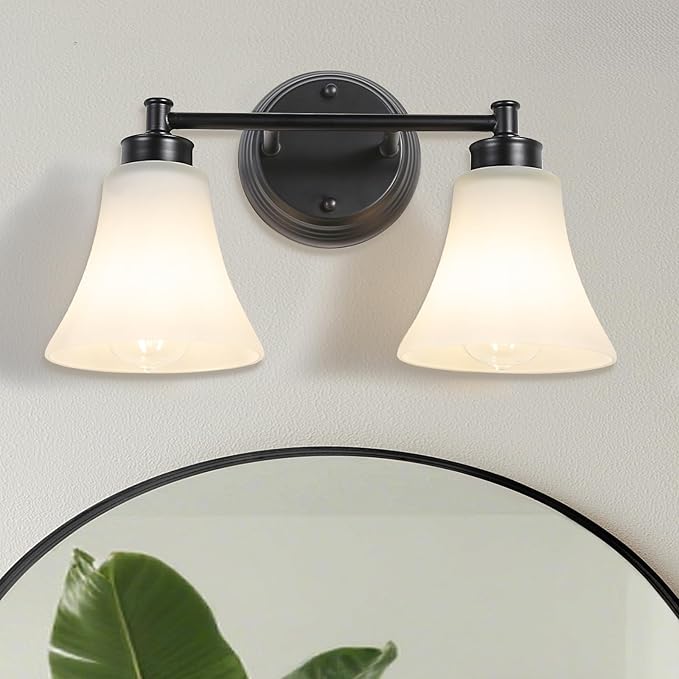 LOUSACE 2 Light Bathroom Vanity Light Matte Black Bathroom Lighting Fixtures Over Mirror with Opal White Frosted Glass, Vintage Traditional Wall Lighting Fixture Vanity Lights