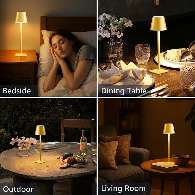 Yogaret 2 Pack Gold Rechargeable Table Lamps,Cordless Lamp with 6000mAh Battery Operated,Wireless Lamp for Restaurant Home Dinner Dining Kitchen Outdoor Patio,Waterproof & Portable
